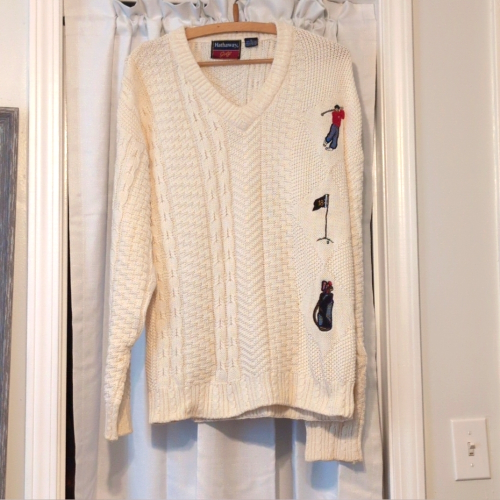 Hathaway Golf VTG Cotton‎ Cable Knit Men's Sweater Embroidered V-Neck Medium